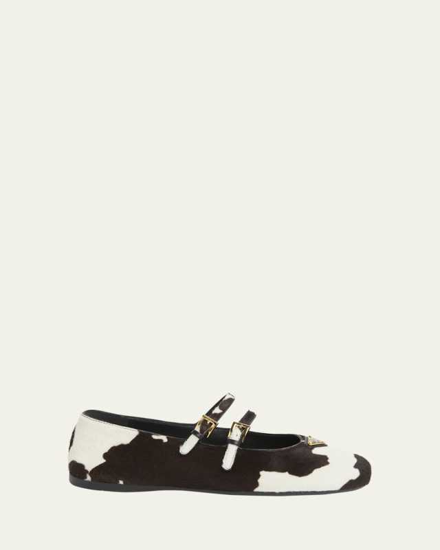 Cow Hair Double Mary Jane Triangle Logo Ballerina Flats